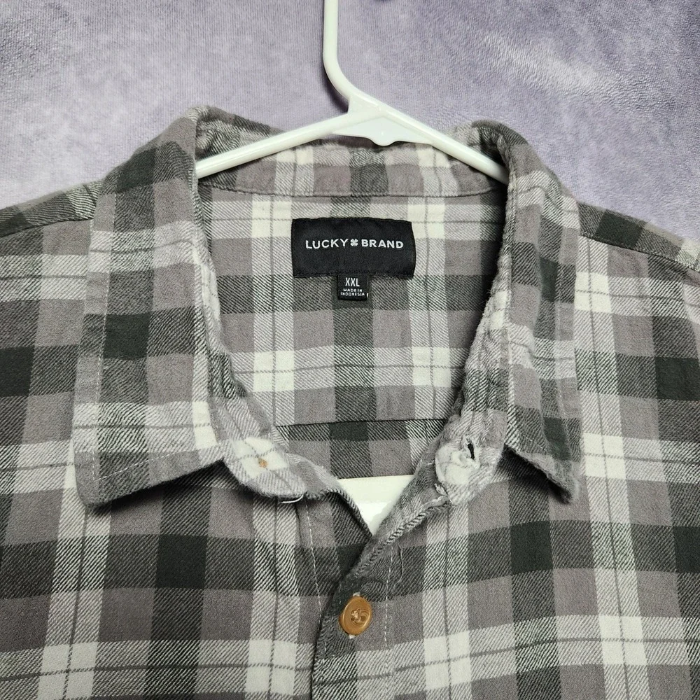Lucky Brand Mens XXL Gray Plaid Flannel Button Down Shirt Cotton Long Sleeve